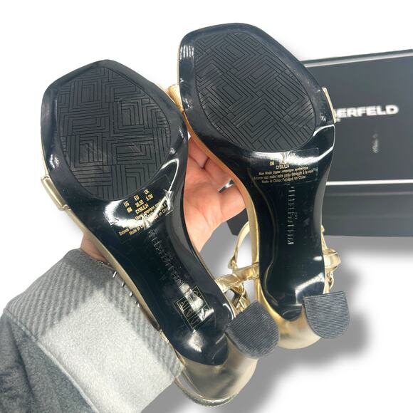 Karl Lagerfeld Gold Strappy Heels Size 8 Metallic Ankle Strap High Stiletto EUC - Picture 10 of 13